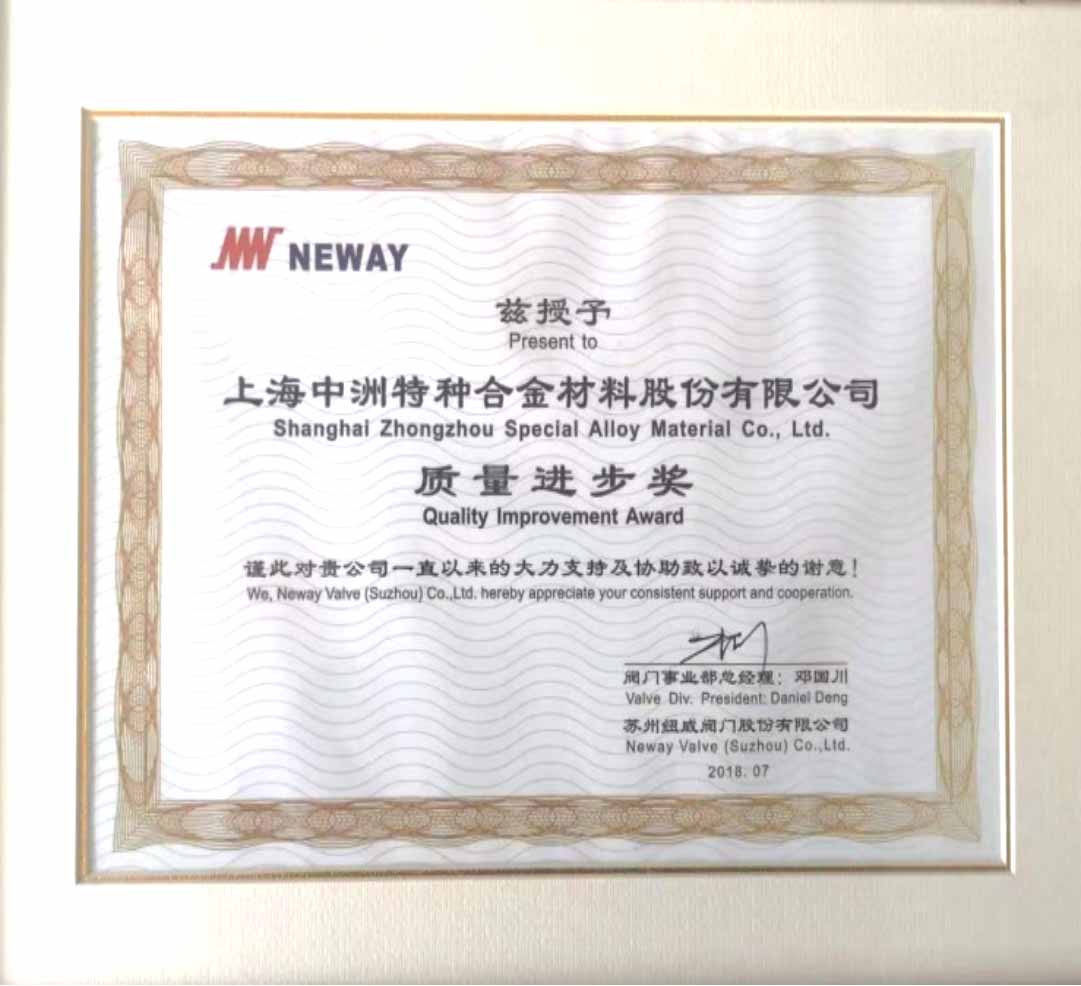 Quality Improvement Award from Neway Valve (China)